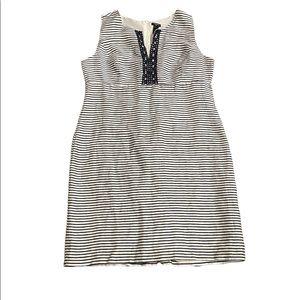 Ann Taylor women’s Sz 16 Navy Blue & White striped V Neck A Line Midi Dress